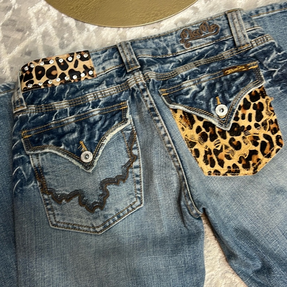 Miss Me Blue Boot Cut Jeans with Leopard Print Accents